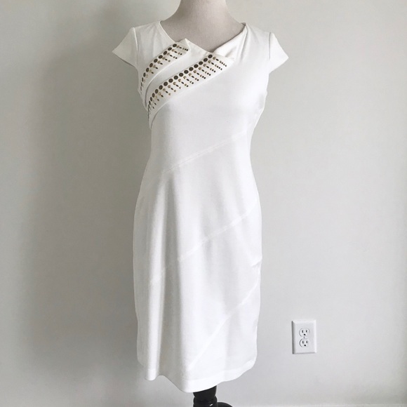 White & Gold Embellished Angular Sheath Dress - Picture 1 of 6